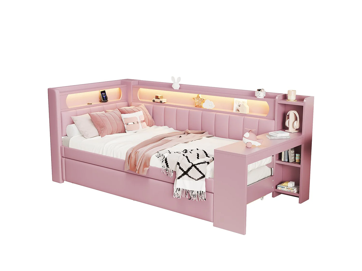 Ausziehbares Tagesbett 90x200 cm aus rosé Leinen mit integriertem Schreibtisch, Gästebett 90x190, LED und Regalen, ohne Matratze