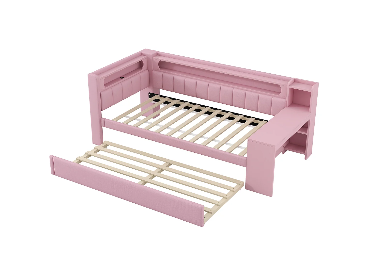 Ausziehbares Tagesbett 90x200 cm aus rosé Leinen mit integriertem Schreibtisch, Gästebett 90x190, LED und Regalen, ohne Matratze