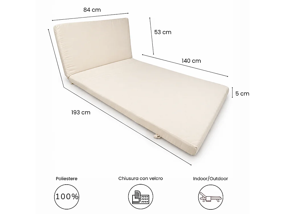 Tempo Style - Cuscino per lettino da esterno 193×84 cm con schienale reclinabile e velcro in poliestere – Avorio