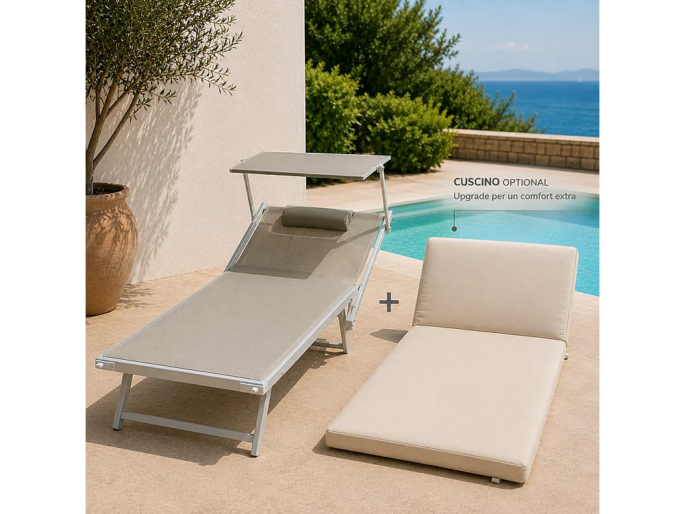Tempo Style - Cuscino per lettino da esterno 193×84 cm con schienale reclinabile e velcro in poliestere – Avorio