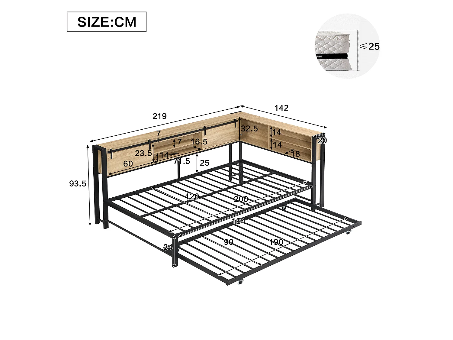 Metall-Ausziehbett 120x200 cm mit Gästeliege 90x190 cm, Stauraum-Kopfteil mit Ladeanschluss, ohne Matratze