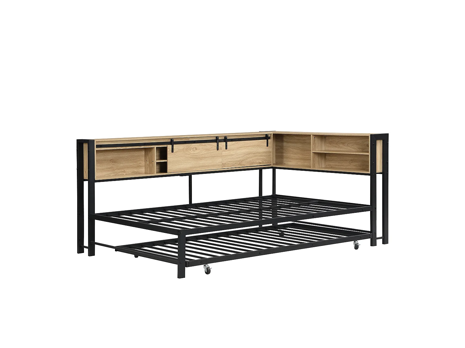 Metall-Ausziehbett 120x200 cm mit Gästeliege 90x190 cm, Stauraum-Kopfteil mit Ladeanschluss, ohne Matratze