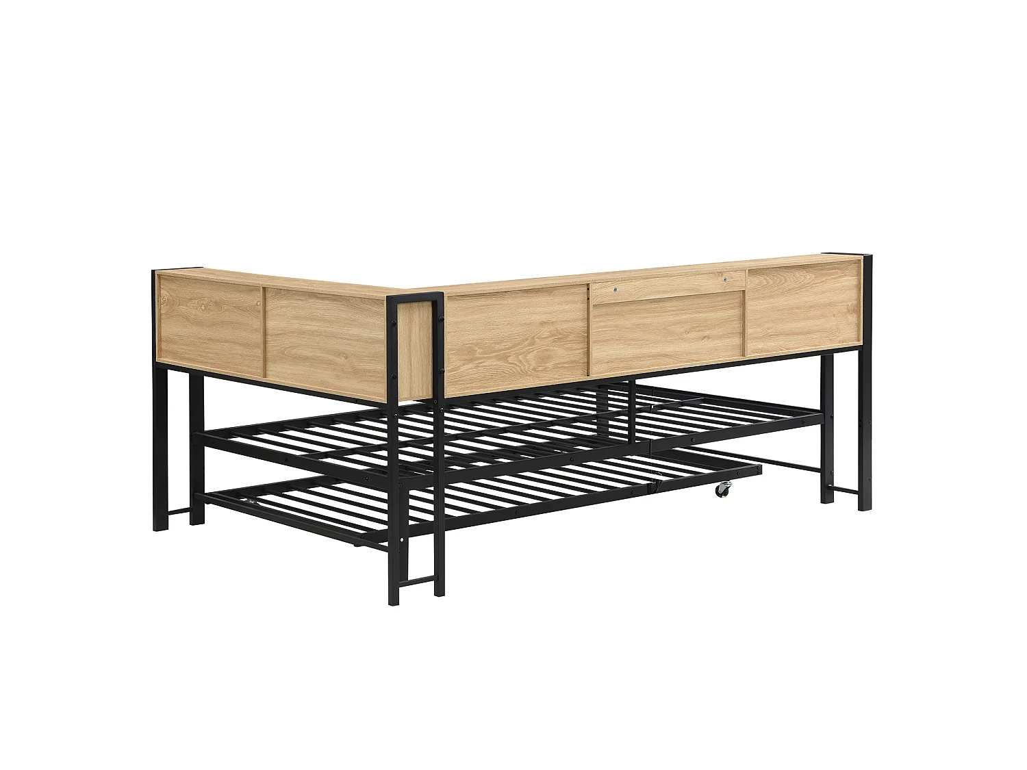 Metall-Ausziehbett 120x200 cm mit Gästeliege 90x190 cm, Stauraum-Kopfteil mit Ladeanschluss, ohne Matratze