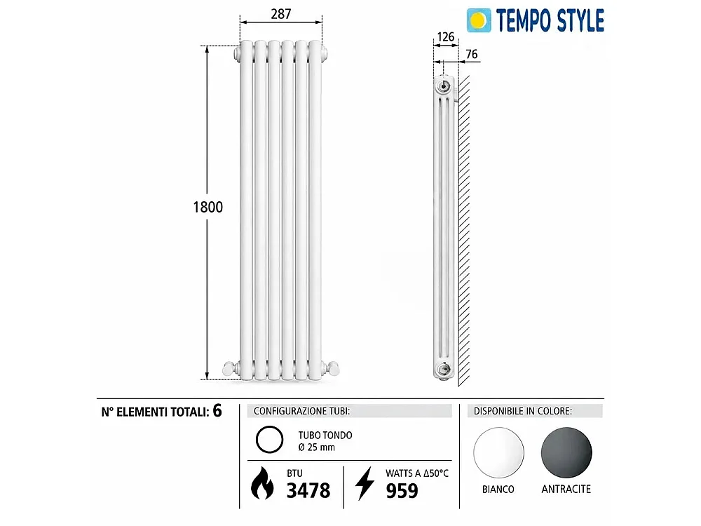 Tempo Style - Radiateur vertical 1800x287 mm | 959 W | Radiateur décoratif 3478 BTU à 6 éléments - Blanc