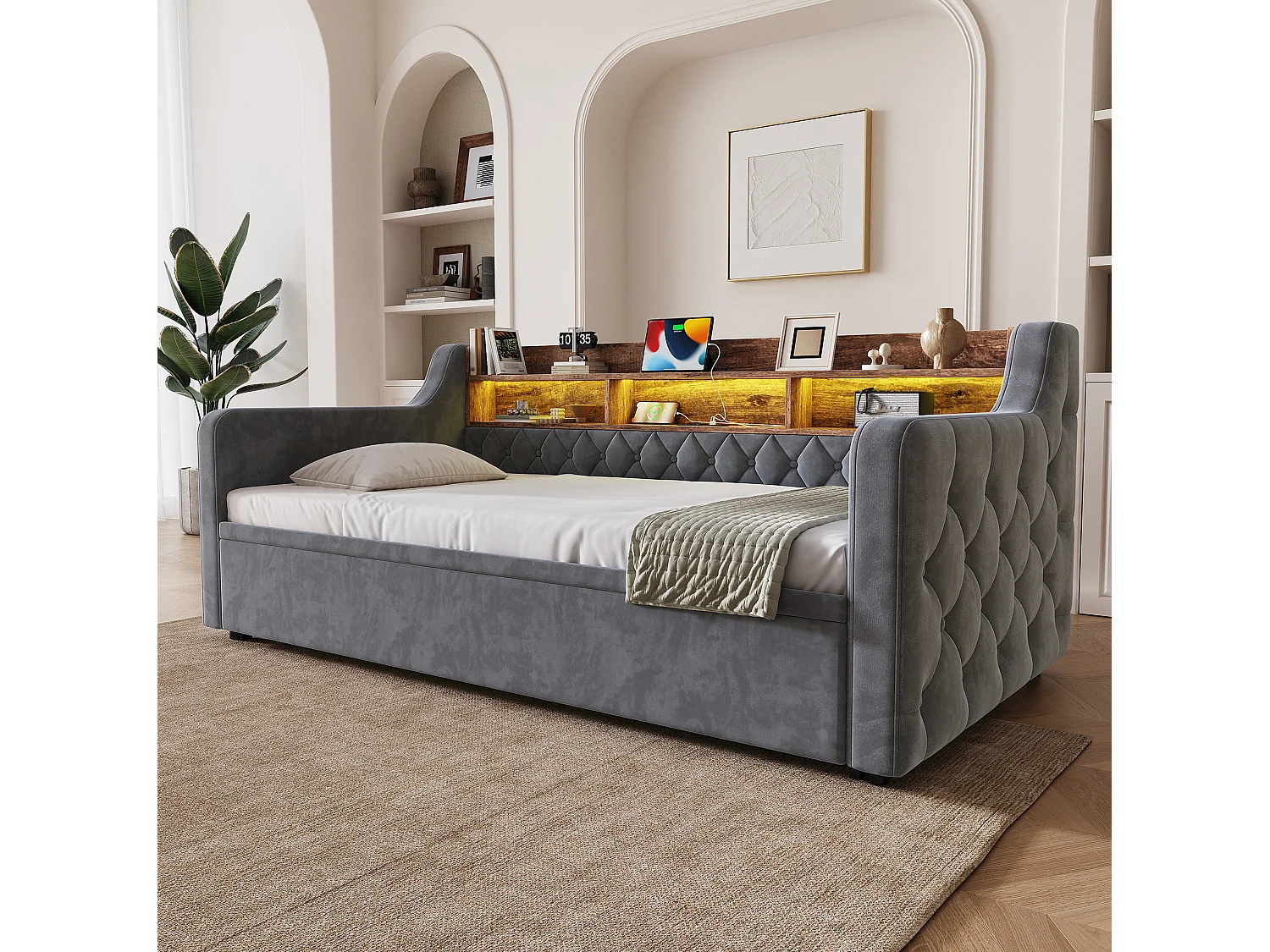 Lit banquette gigogne 90x190 cm en velours gris foncé, tête de lit LED avec ports USB et Type-C, sans matelas
