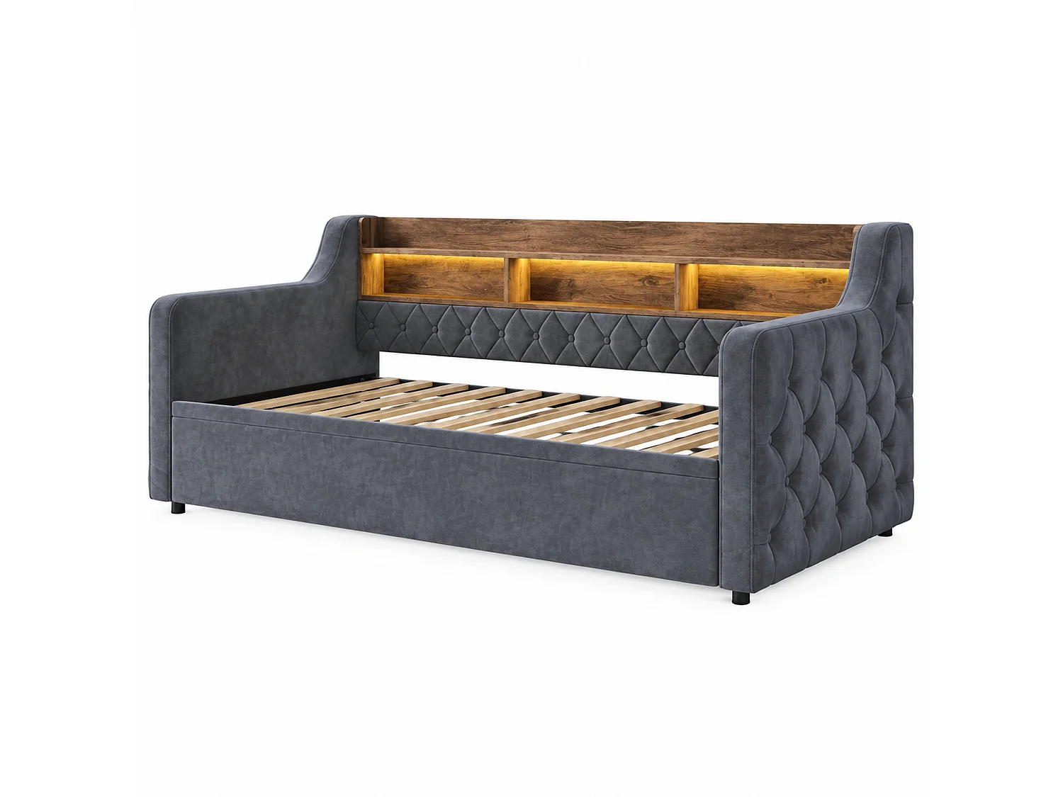 Lit banquette gigogne 90x190 cm en velours gris foncé, tête de lit LED avec ports USB et Type-C, sans matelas