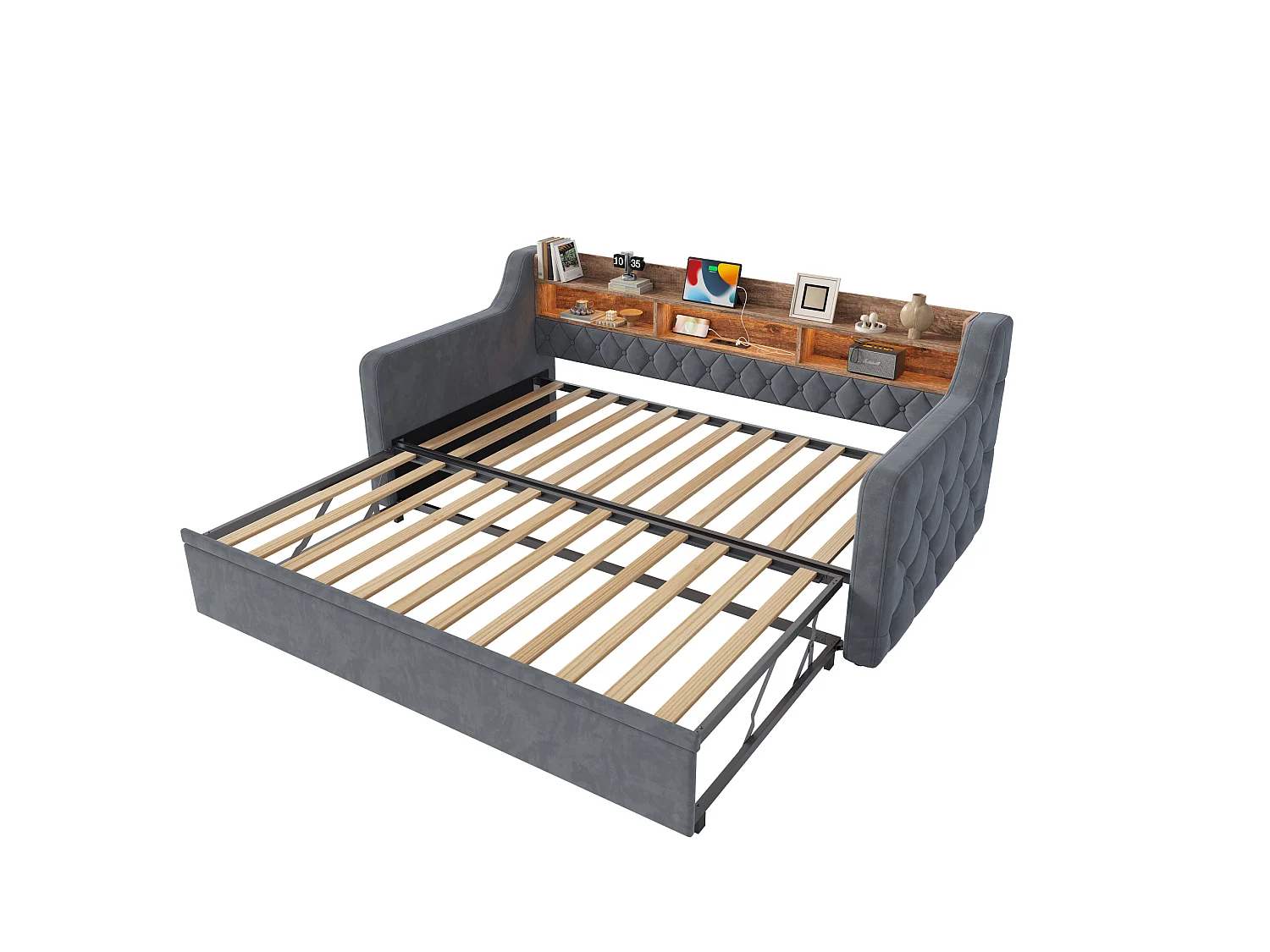 Lit banquette gigogne 90x190 cm en velours gris foncé, tête de lit LED avec ports USB et Type-C, sans matelas
