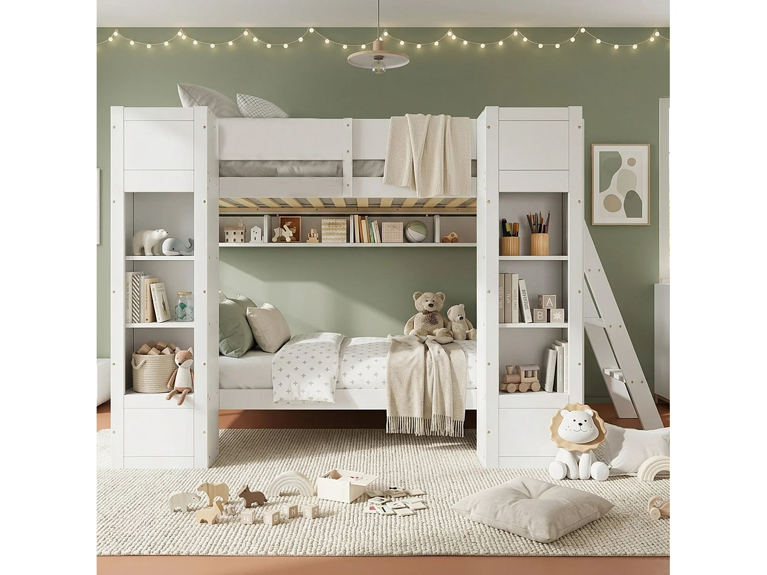 Etagenbett 90x200 cm aus weißem Holz und MDF mit 2 Schränken und Regal, umkehrbare Leiter, ohne Matratze