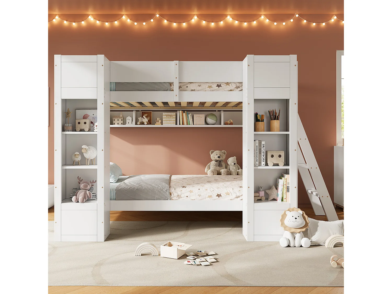 Etagenbett 90x200 cm aus weißem Holz und MDF mit 2 Schränken und Regal, umkehrbare Leiter, ohne Matratze