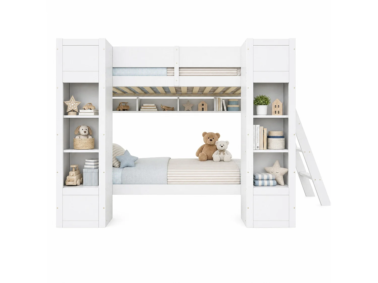 Etagenbett 90x200 cm aus weißem Holz und MDF mit 2 Schränken und Regal, umkehrbare Leiter, ohne Matratze