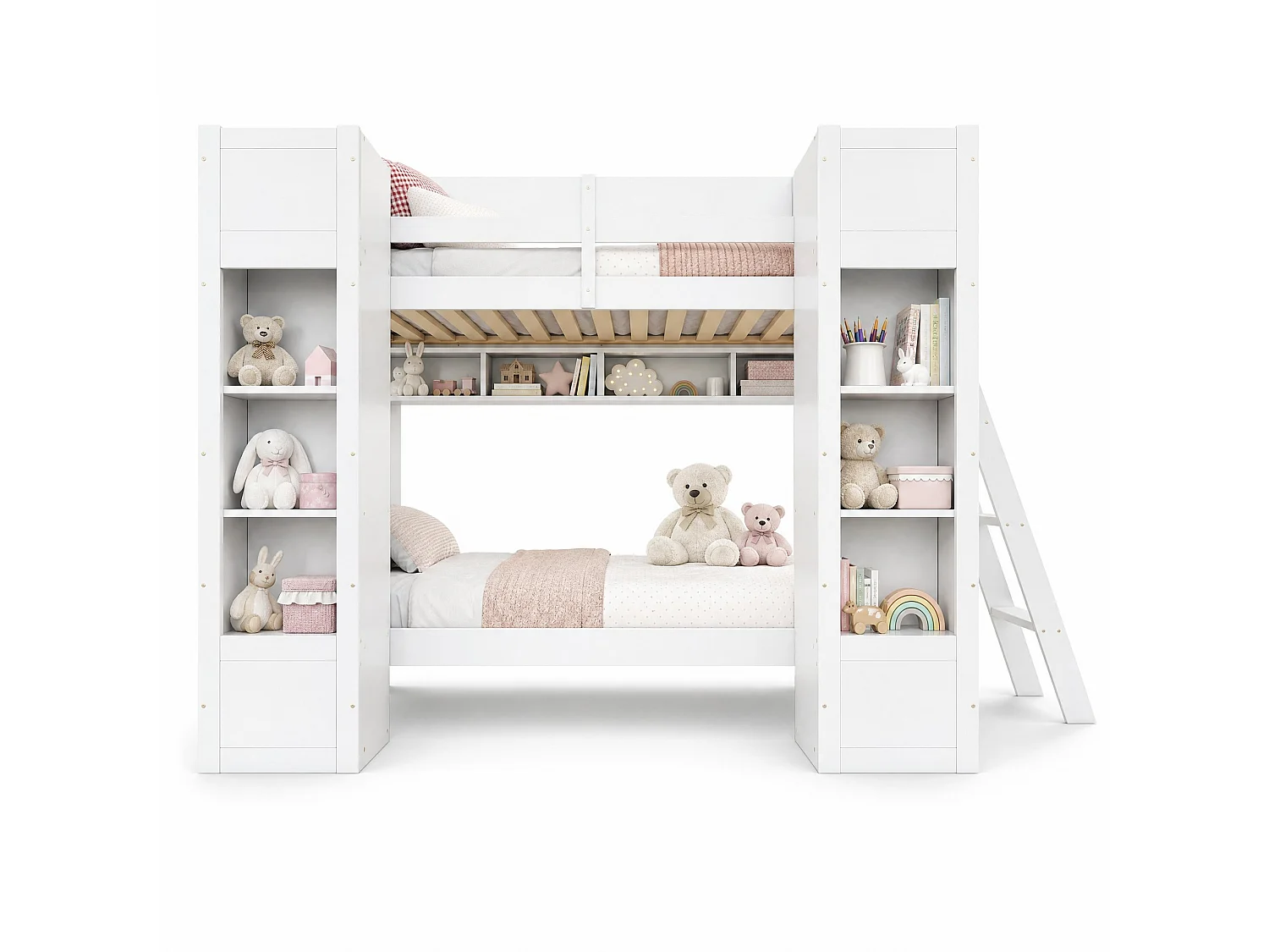 Etagenbett 90x200 cm aus weißem Holz und MDF mit 2 Schränken und Regal, umkehrbare Leiter, ohne Matratze
