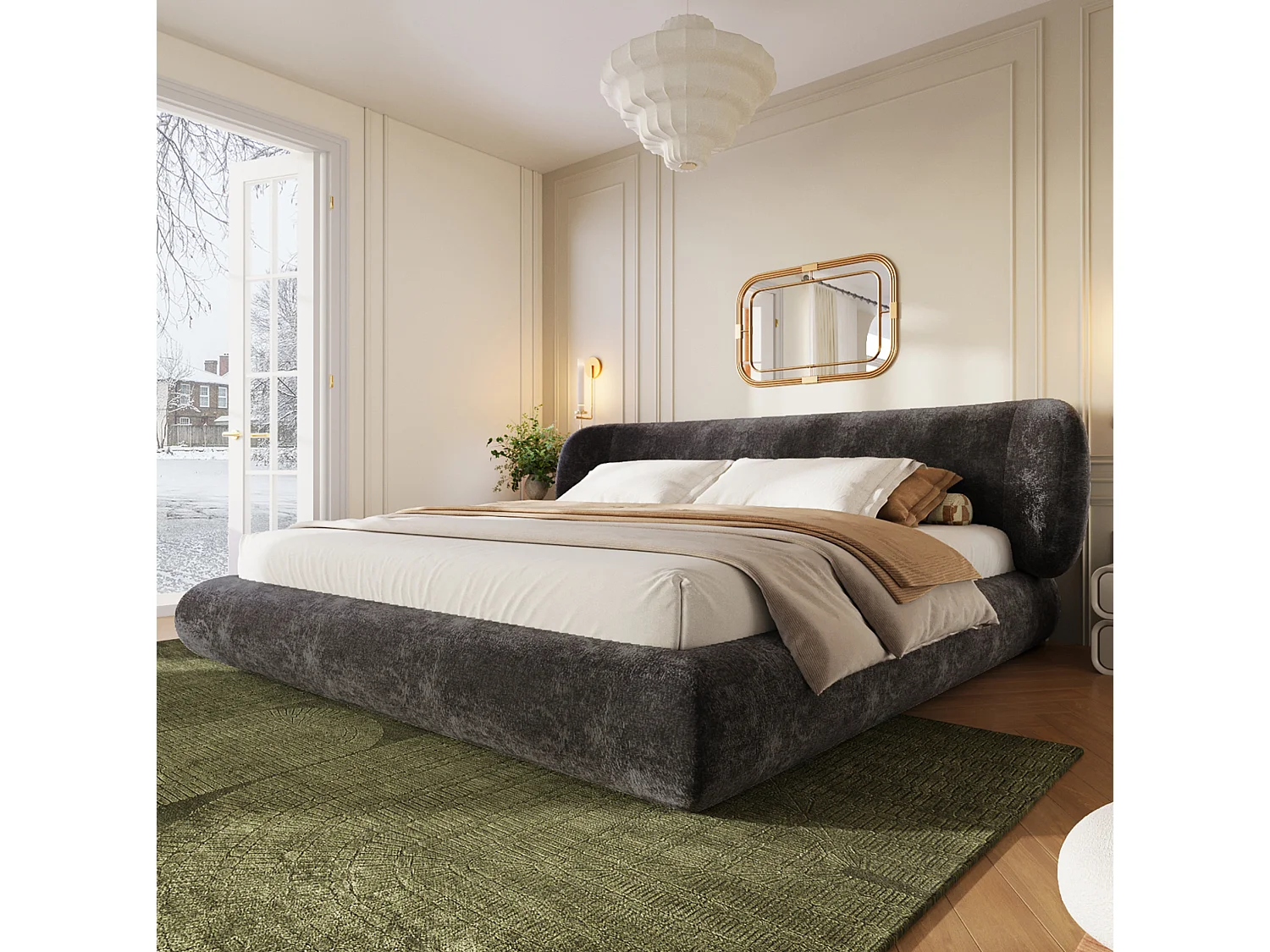 Lit adulte rembourré 140x190 cm en chenille gris avec tête de lit et sommier à lattes, sans matelas