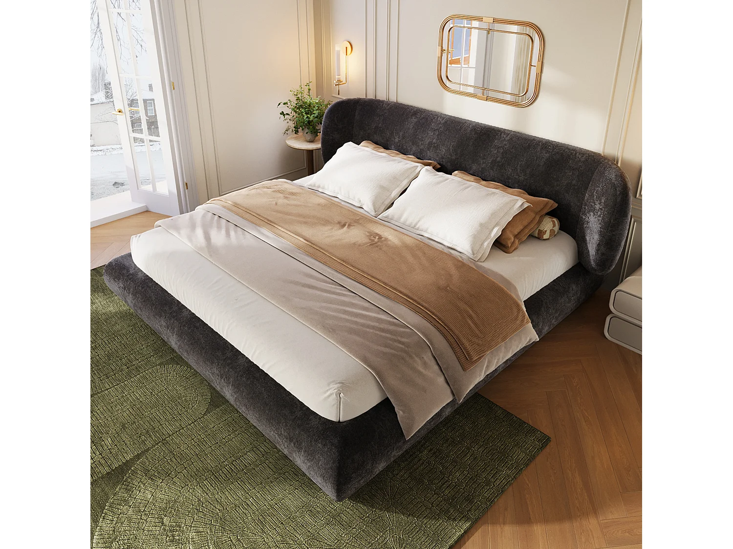 Lit adulte rembourré 140x190 cm en chenille gris avec tête de lit et sommier à lattes, sans matelas