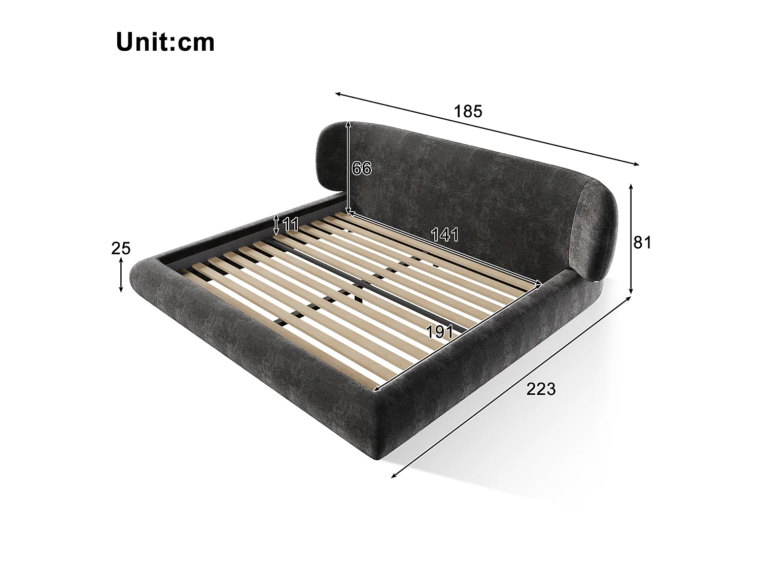 Lit adulte rembourré 140x190 cm en chenille gris avec tête de lit et sommier à lattes, sans matelas
