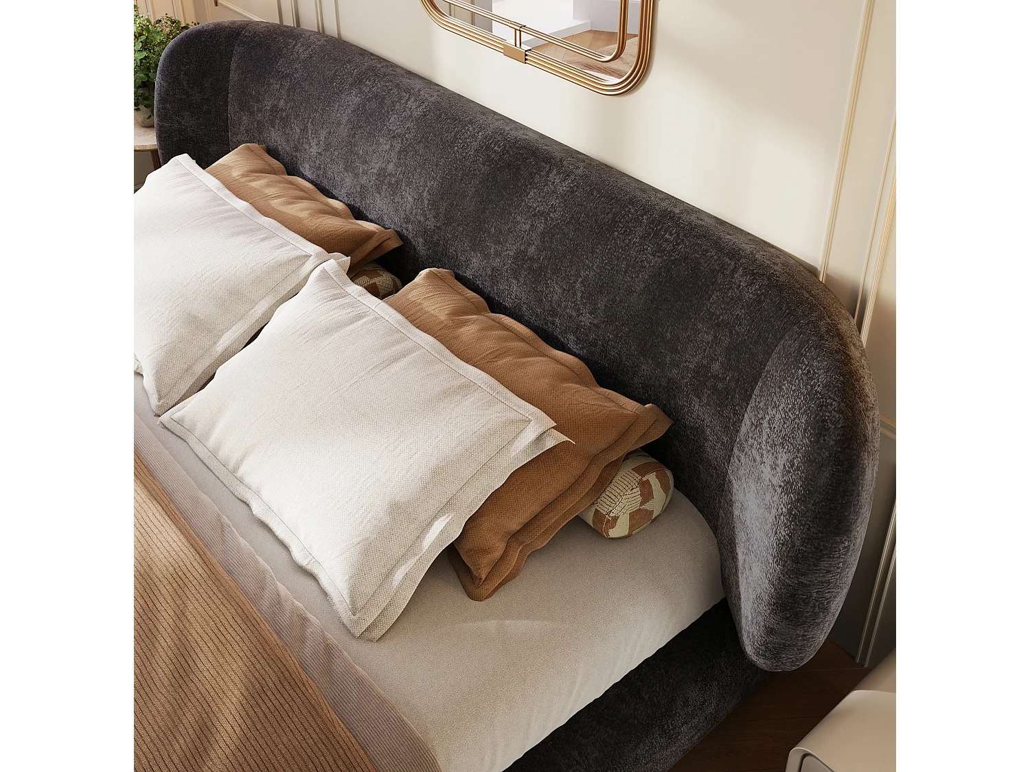 Lit adulte rembourré 140x190 cm en chenille gris avec tête de lit et sommier à lattes, sans matelas