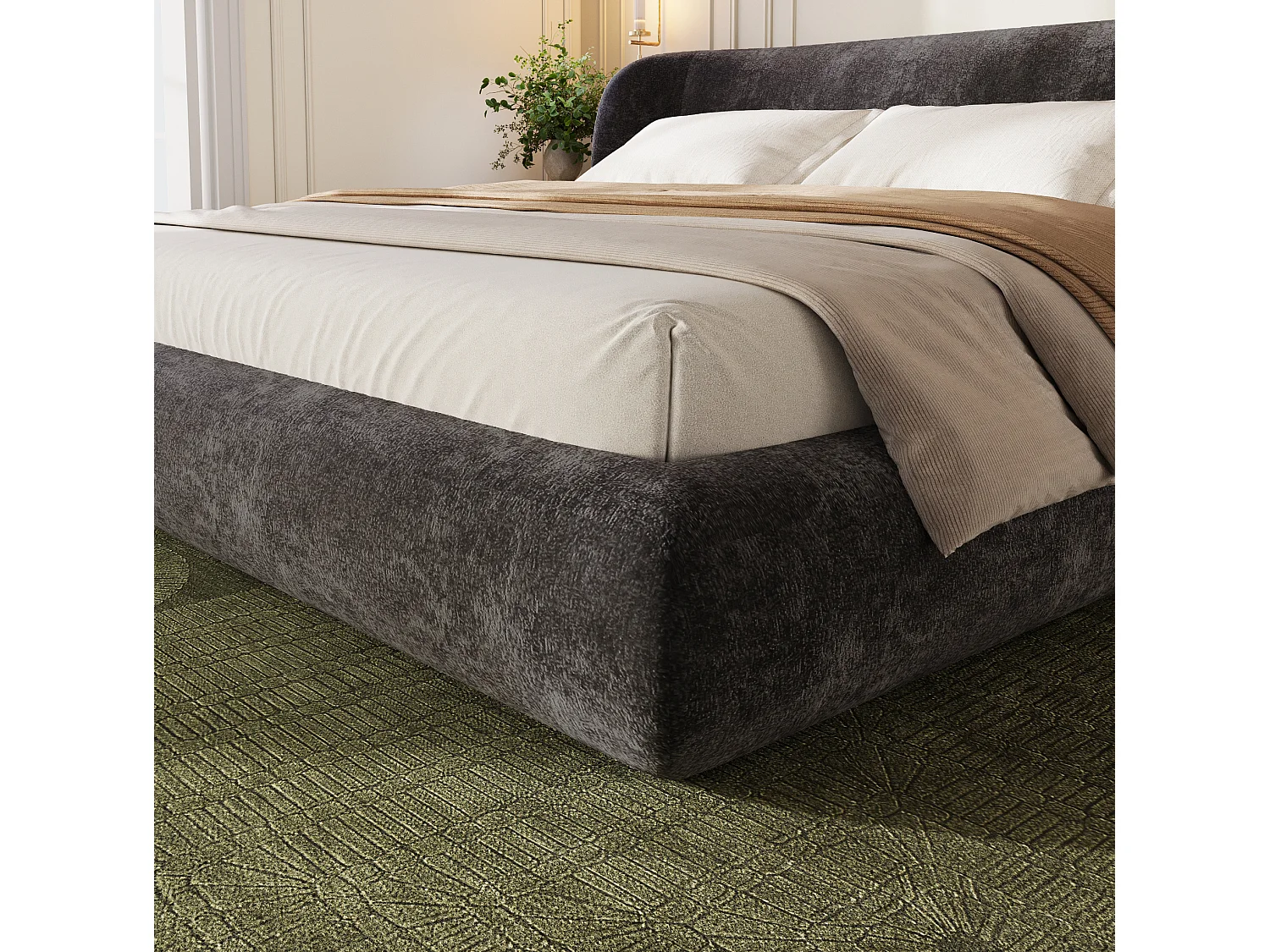 Lit adulte rembourré 140x190 cm en chenille gris avec tête de lit et sommier à lattes, sans matelas