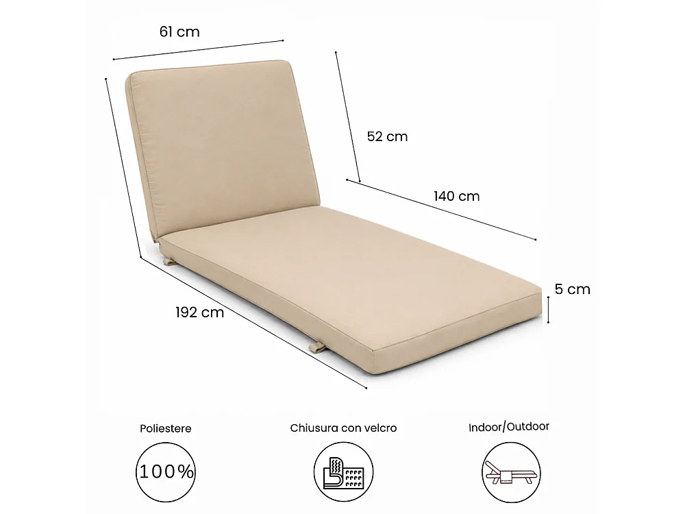 Tempo Style - Cuscino per lettino da esterno 192×61 cm con schienale reclinabile e velcro in poliestere – Beige
