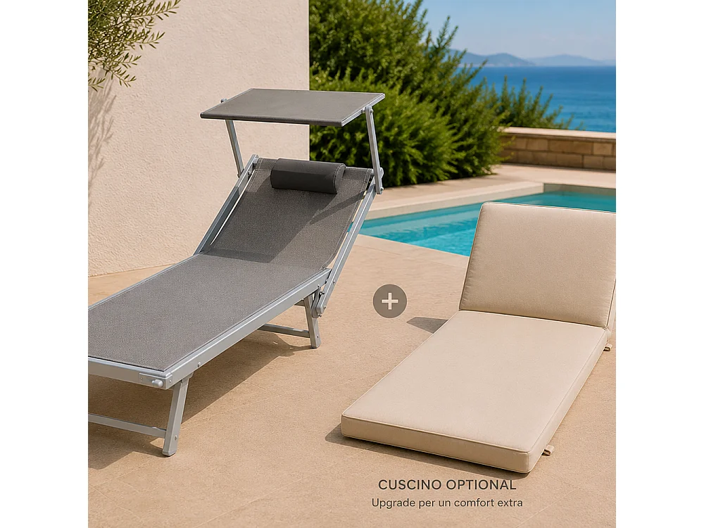 Tempo Style - Cuscino per lettino da esterno 192×61 cm con schienale reclinabile e velcro in poliestere – Beige