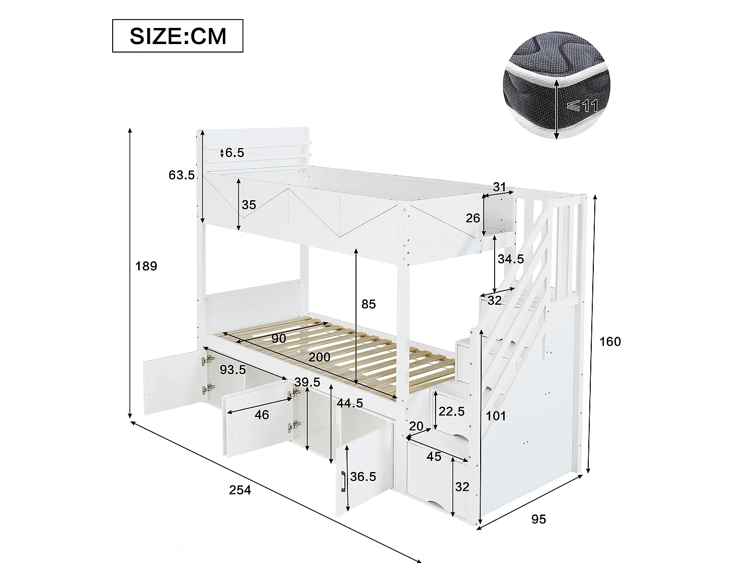 Etagenbett 90x200 cm aus weißem Holz und MDF mit Stauraumtreppe, Schränken und hoher Sicherheitsleiste, ohne Matratze