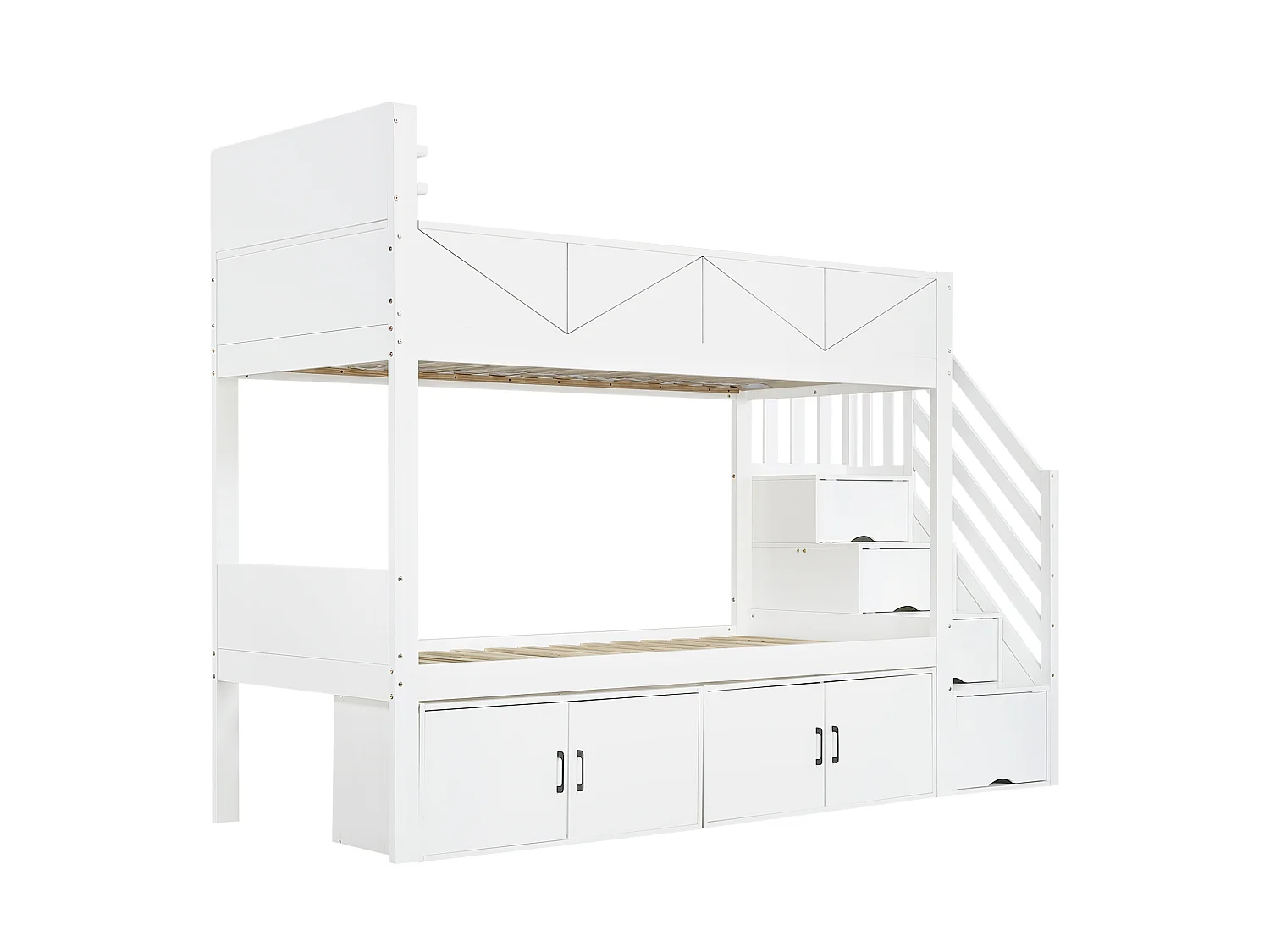 Etagenbett 90x200 cm aus weißem Holz und MDF mit Stauraumtreppe, Schränken und hoher Sicherheitsleiste, ohne Matratze