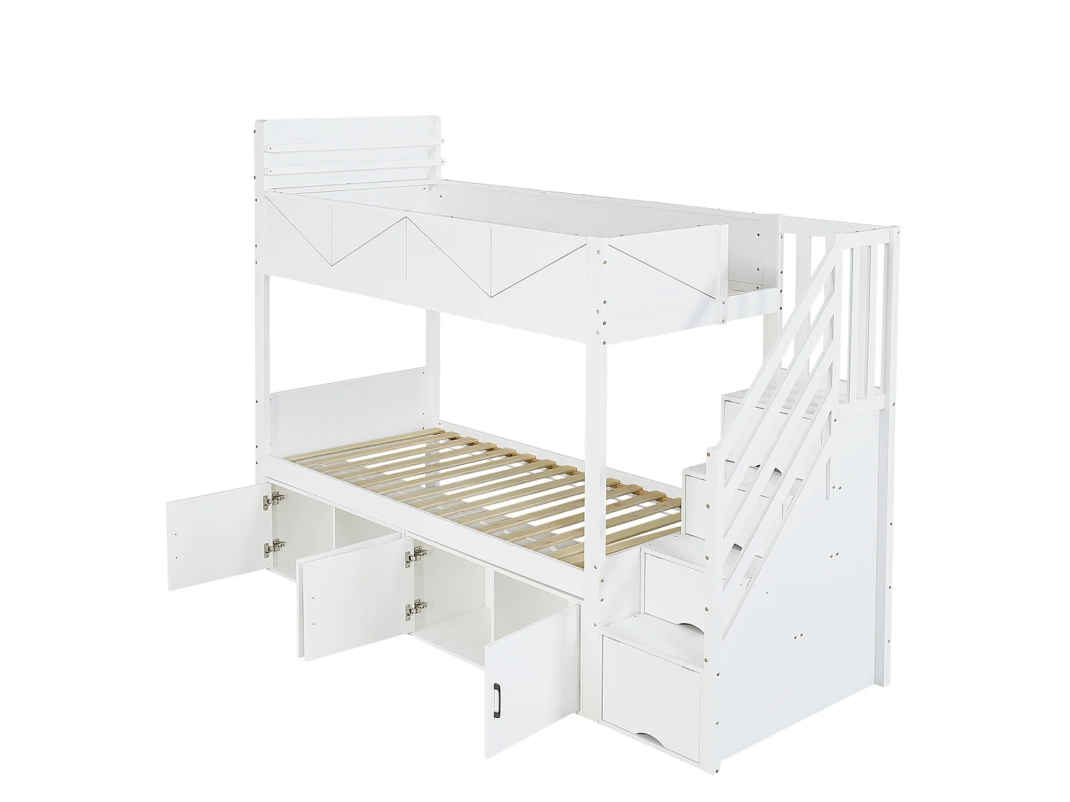 Etagenbett 90x200 cm aus weißem Holz und MDF mit Stauraumtreppe, Schränken und hoher Sicherheitsleiste, ohne Matratze