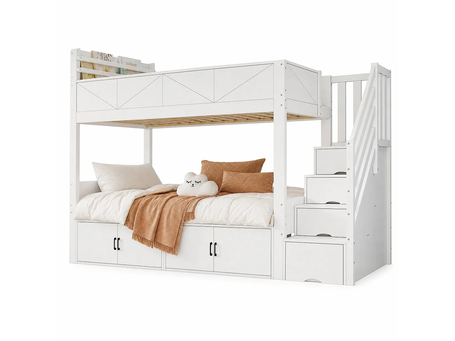 Etagenbett 90x200 cm aus weißem Holz und MDF mit Stauraumtreppe, Schränken und hoher Sicherheitsleiste, ohne Matratze