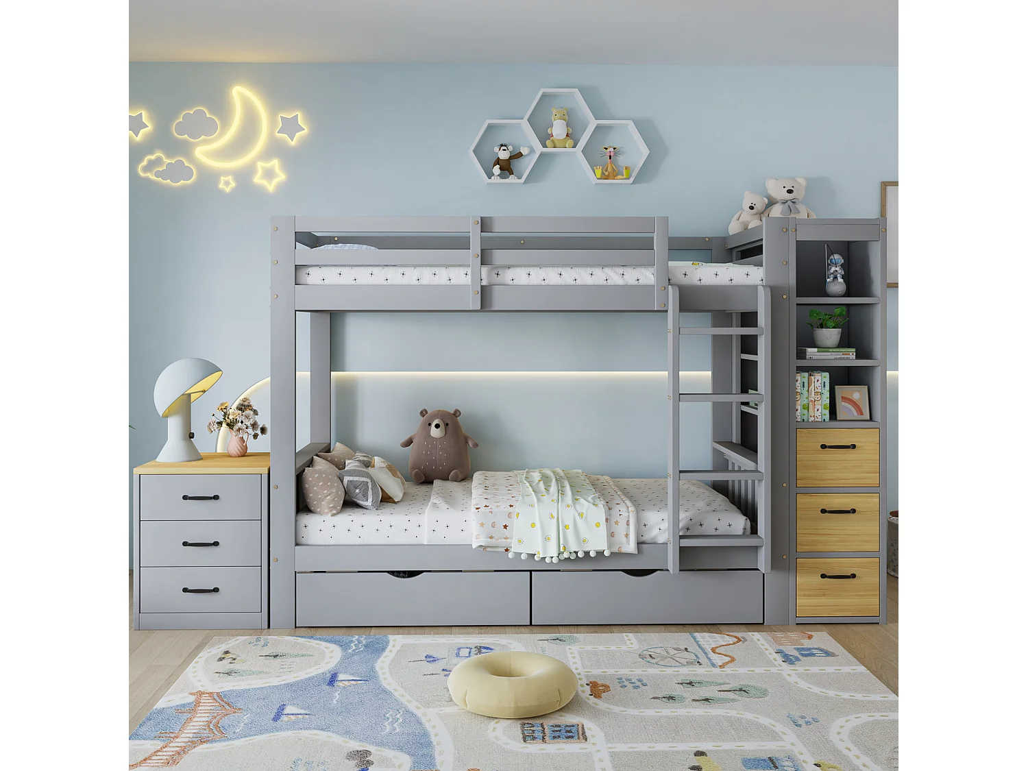 Kinder-Etagenbett 90x200 cm hellgrau und natur, 2 Schlafplätze, Seitenstauraum, Schubladen, abnehmbares Nachttischchen, ohne Matratze