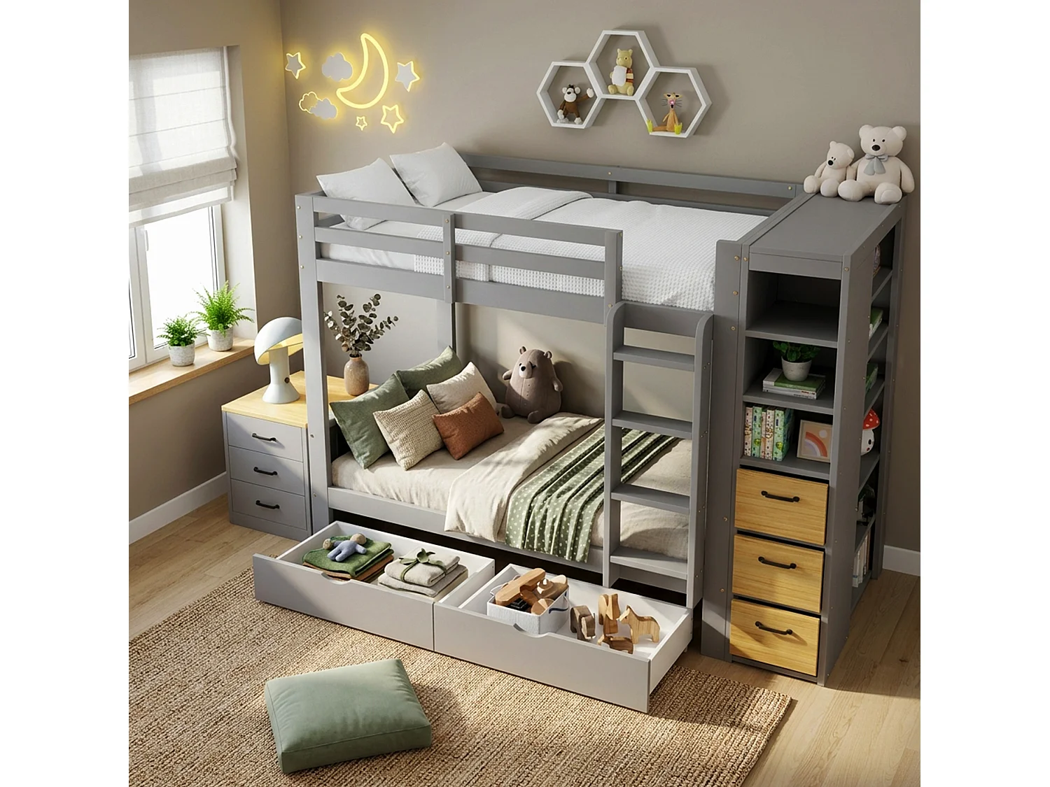 Kinder-Etagenbett 90x200 cm hellgrau und natur, 2 Schlafplätze, Seitenstauraum, Schubladen, abnehmbares Nachttischchen, ohne Matratze