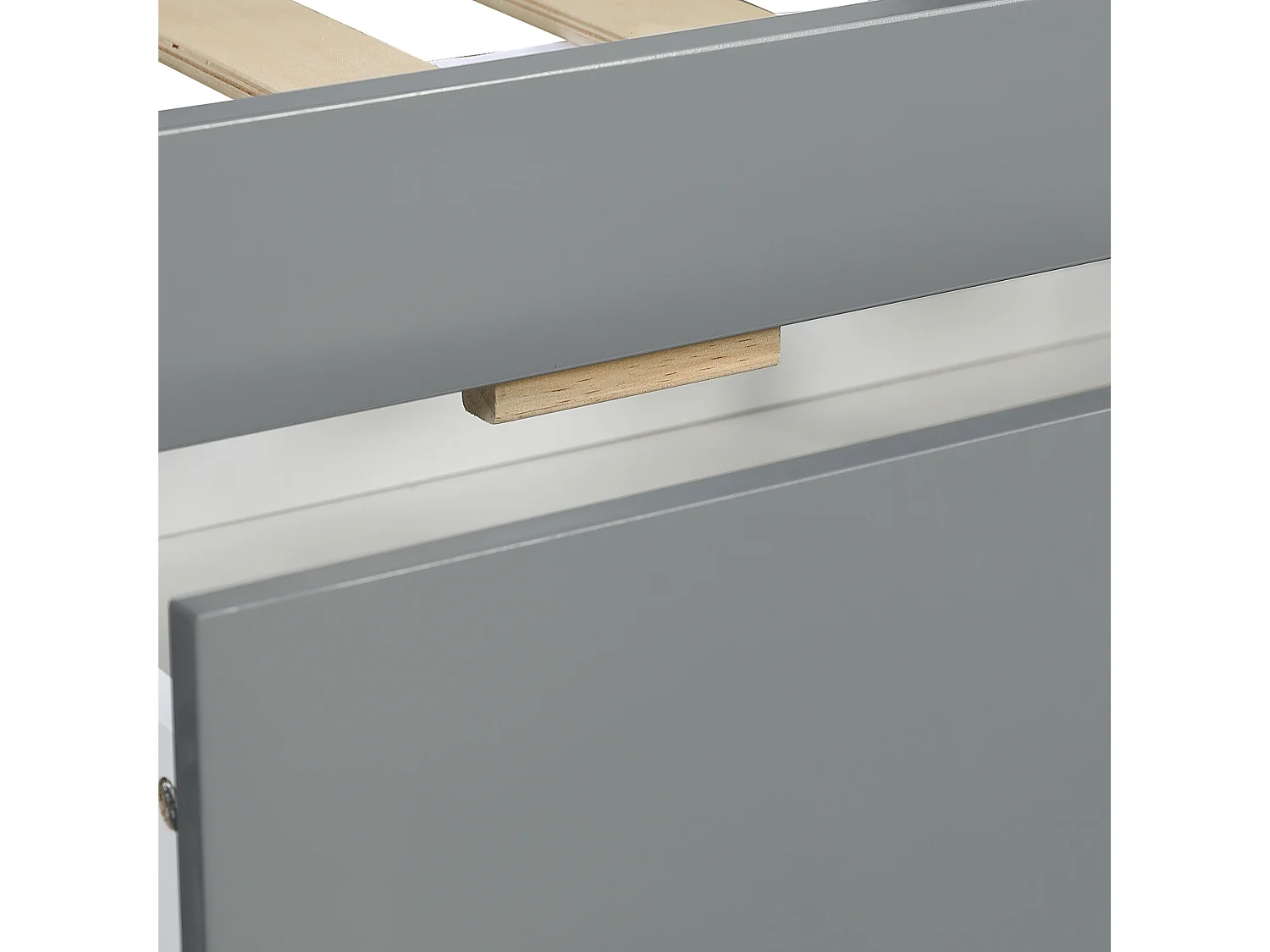 Kinder-Etagenbett 90x200 cm hellgrau und natur, 2 Schlafplätze, Seitenstauraum, Schubladen, abnehmbares Nachttischchen, ohne Matratze