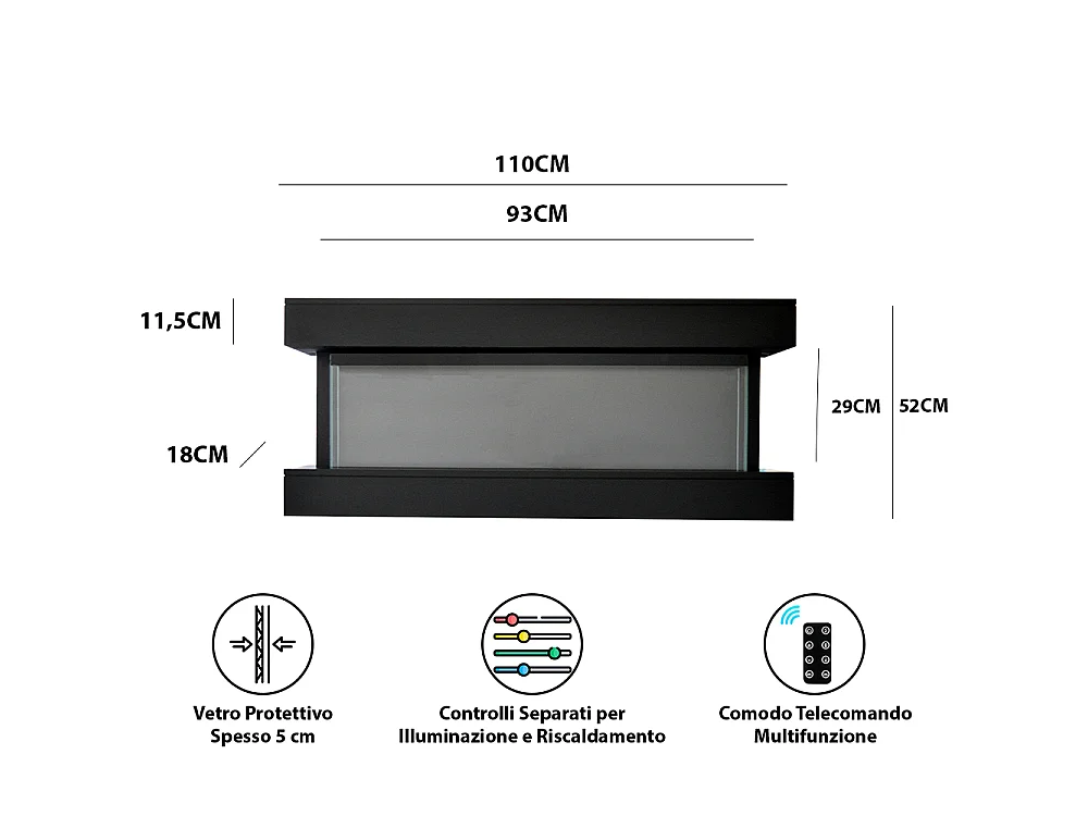 Tempo Style - Camino elettrico ALARO | Stufa ventilata a parete da incasso a basso consumo, con telecomando, timer, decorazioni (Nero, 110cm)