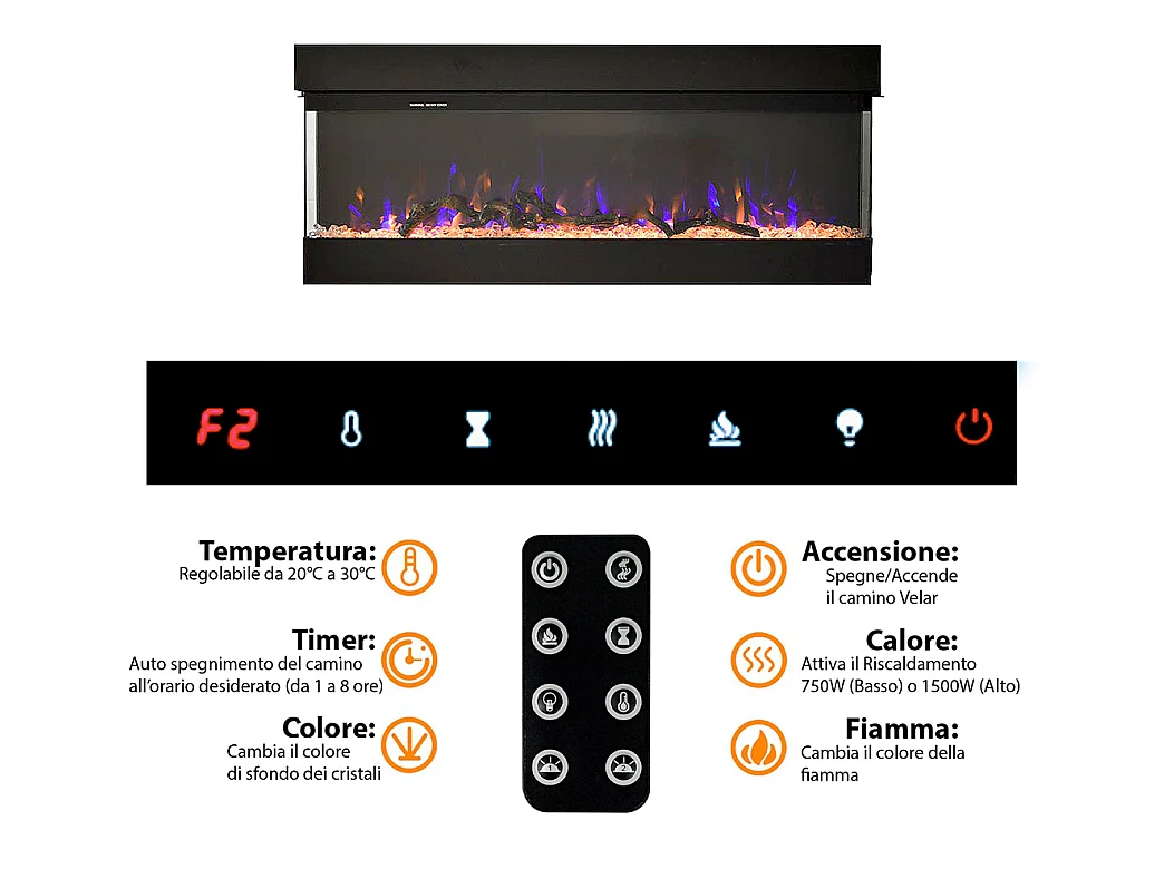 Tempo Style - Camino elettrico ALARO | Stufa ventilata a parete da incasso a basso consumo, con telecomando, timer, decorazioni (Nero, 110cm)