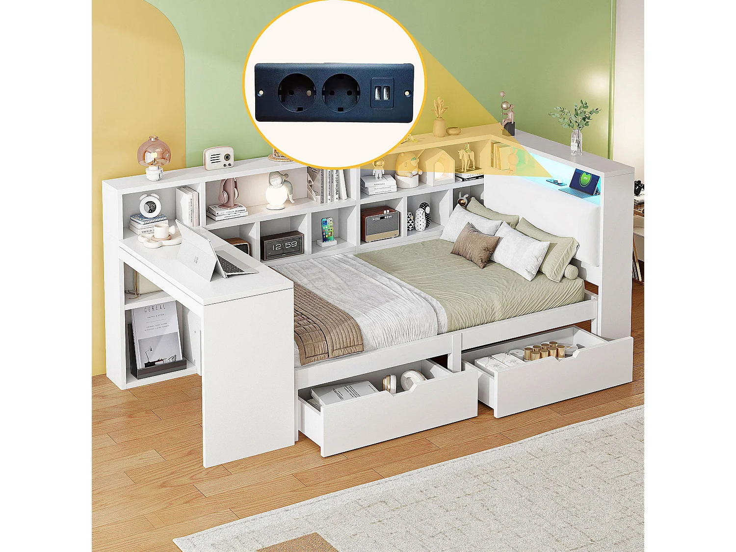 Lit enfant 90x200 cm en MDF blanc avec bureau intégré, étagères ouvertes, tiroirs, tête de lit avec LED et USB, sans matelas