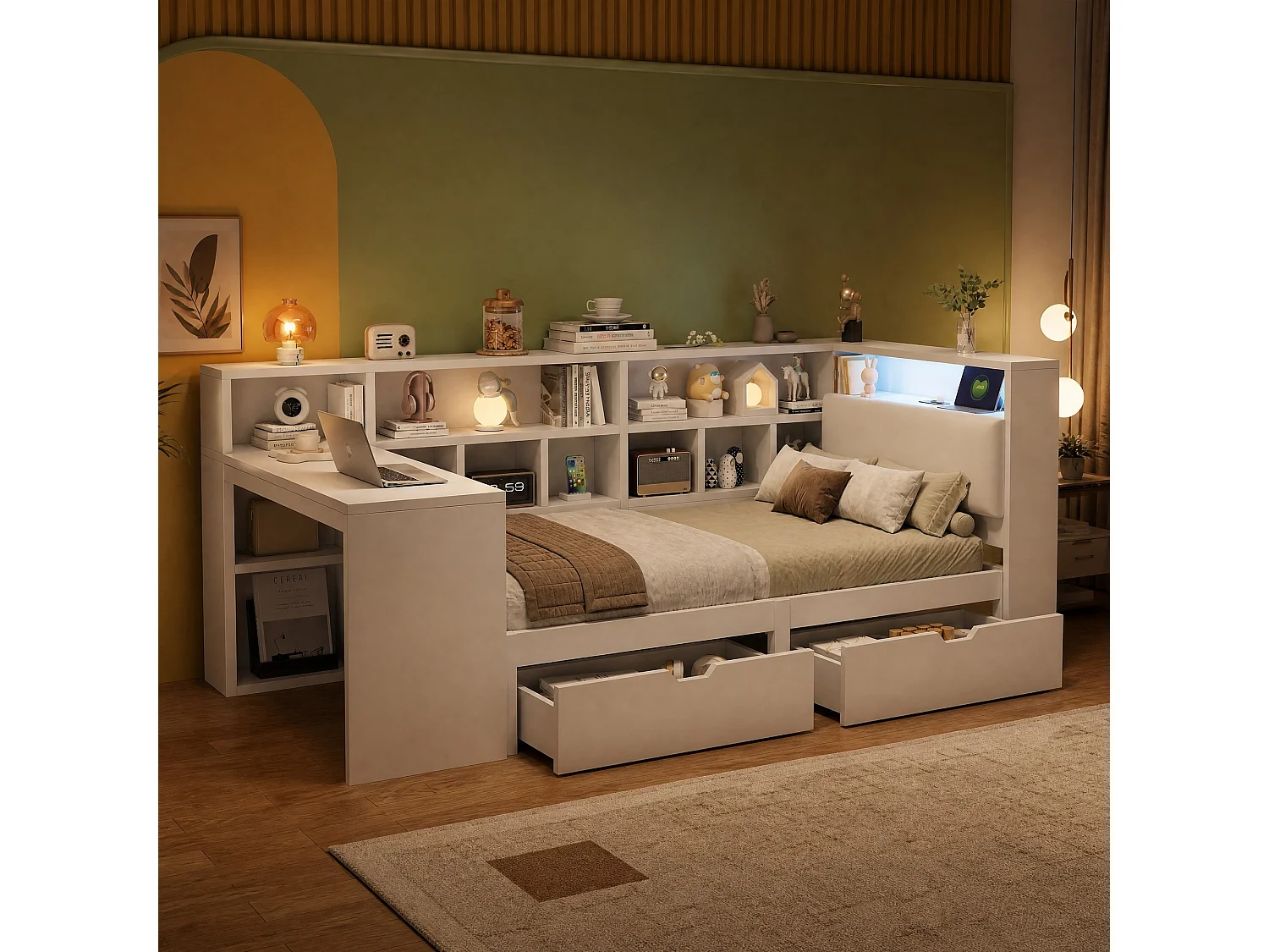 Lit enfant 90x200 cm en MDF blanc avec bureau intégré, étagères ouvertes, tiroirs, tête de lit avec LED et USB, sans matelas