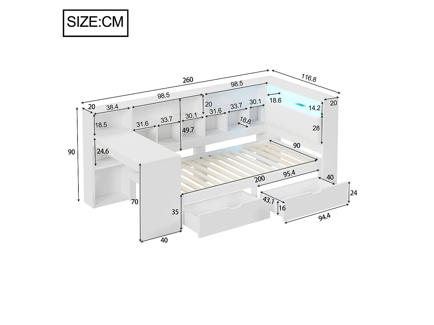 Lit enfant 90x200 cm en MDF blanc avec bureau intégré, étagères ouvertes, tiroirs, tête de lit avec LED et USB, sans matelas