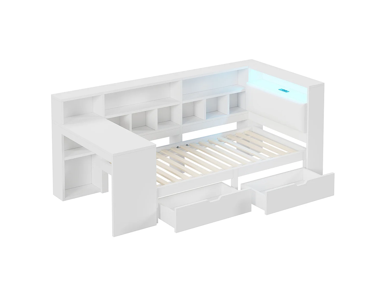 Lit enfant 90x200 cm en MDF blanc avec bureau intégré, étagères ouvertes, tiroirs, tête de lit avec LED et USB, sans matelas