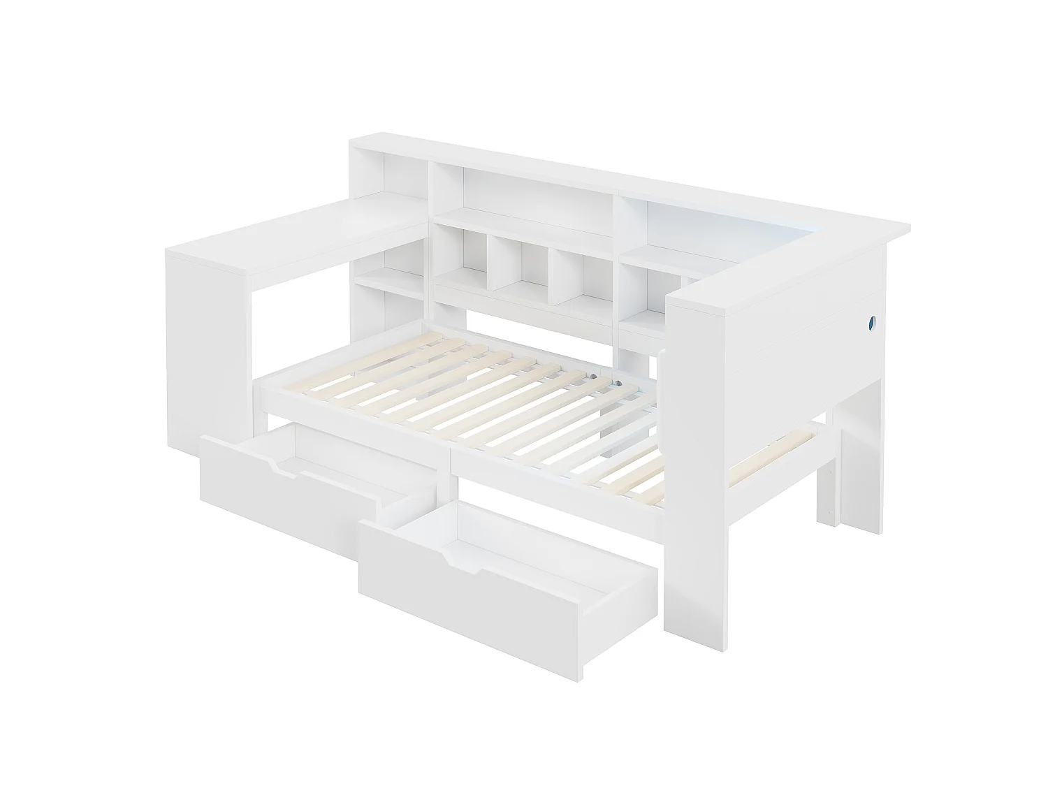 Lit enfant 90x200 cm en MDF blanc avec bureau intégré, étagères ouvertes, tiroirs, tête de lit avec LED et USB, sans matelas