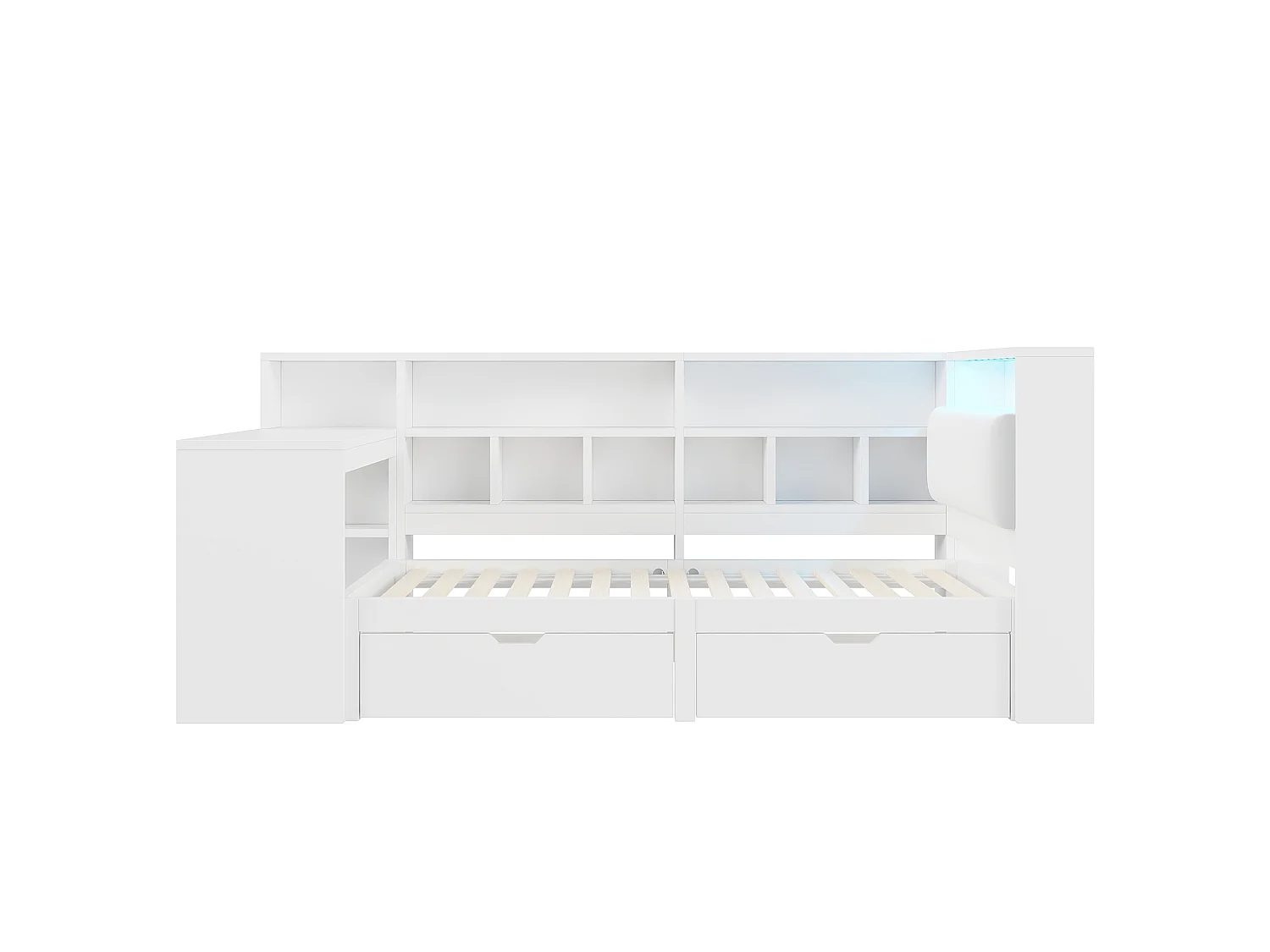 Lit enfant 90x200 cm en MDF blanc avec bureau intégré, étagères ouvertes, tiroirs, tête de lit avec LED et USB, sans matelas