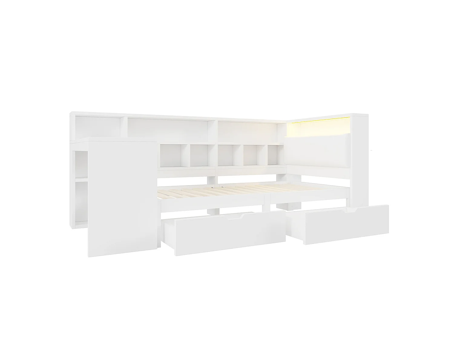 Lit enfant 90x200 cm en MDF blanc avec bureau intégré, étagères ouvertes, tiroirs, tête de lit avec LED et USB, sans matelas
