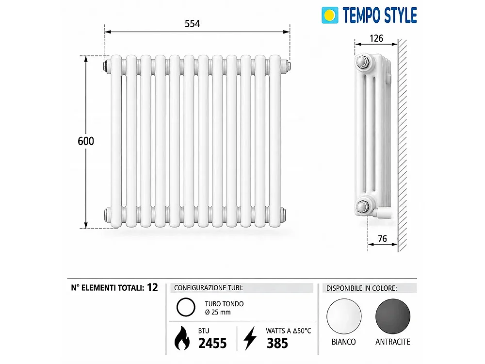 Tempo Style - Radiateur 600x554 mm | 385 W | Radiateur décoratif 2455 BTU à 12 éléments - Blanc
