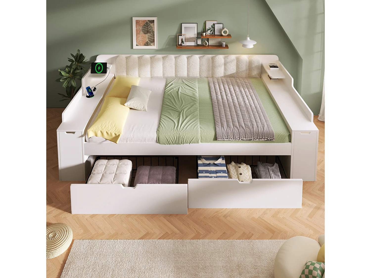 Lit banquette 140x190 cm avec 2 tiroirs, 2 compartiments de rangement et ports USB, blanc, sans matelas