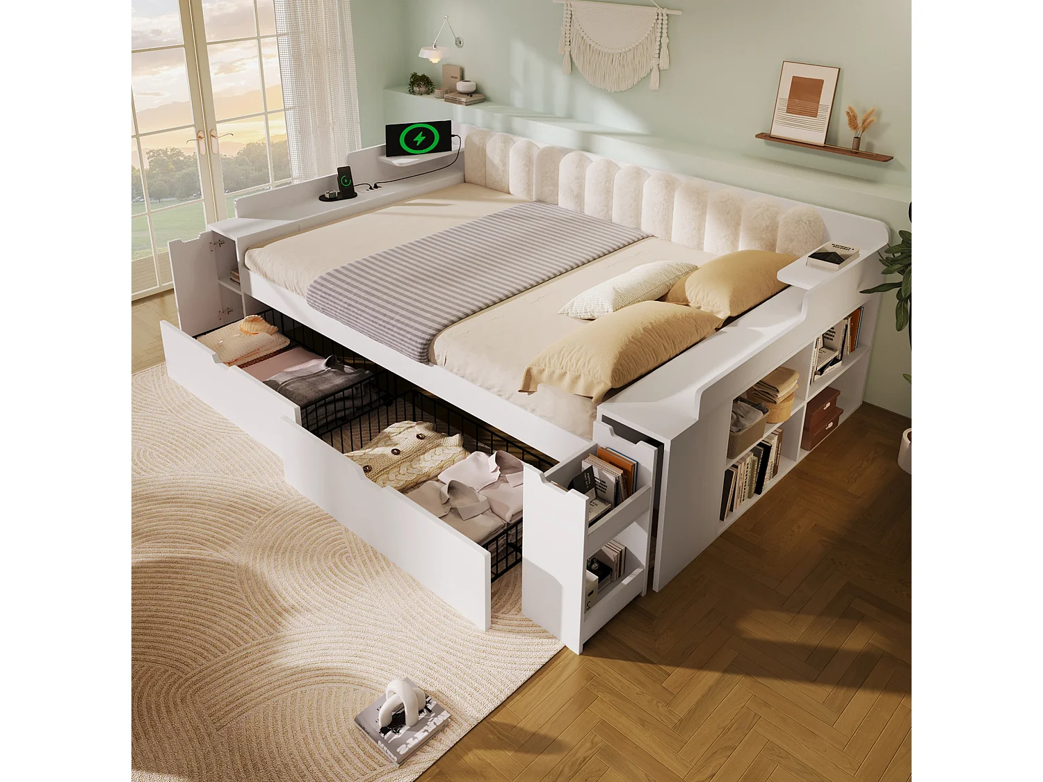 Lit banquette 140x190 cm avec 2 tiroirs, 2 compartiments de rangement et ports USB, blanc, sans matelas