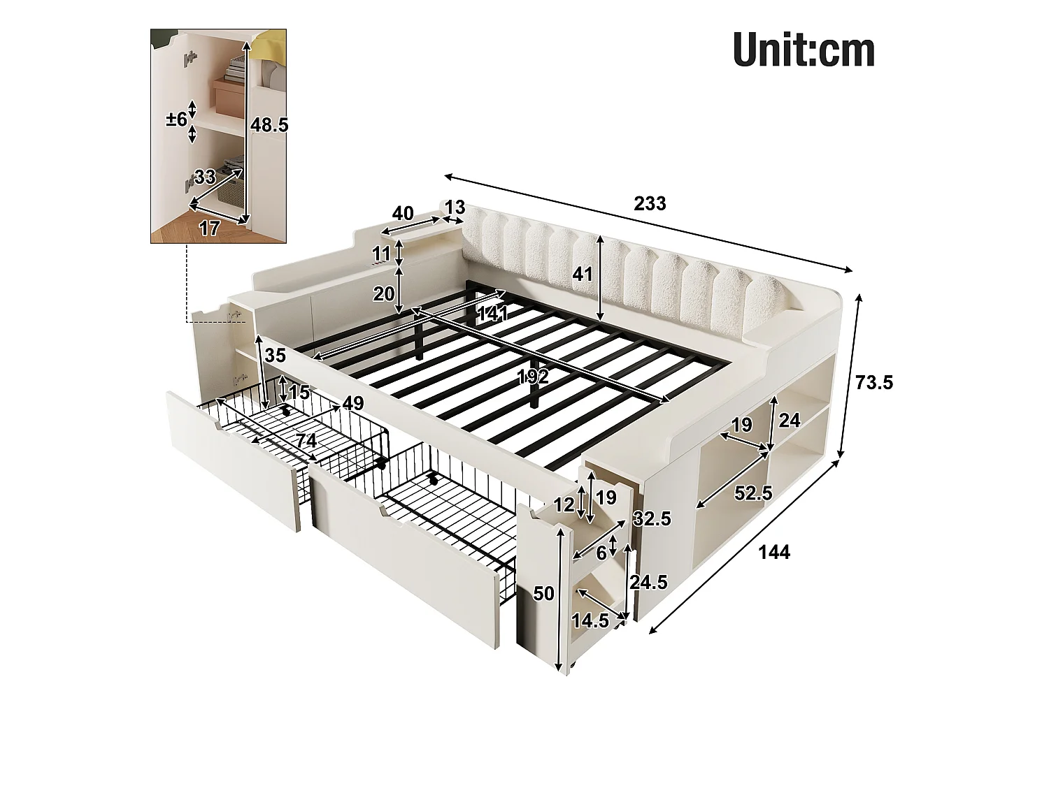 Lit banquette 140x190 cm avec 2 tiroirs, 2 compartiments de rangement et ports USB, blanc, sans matelas