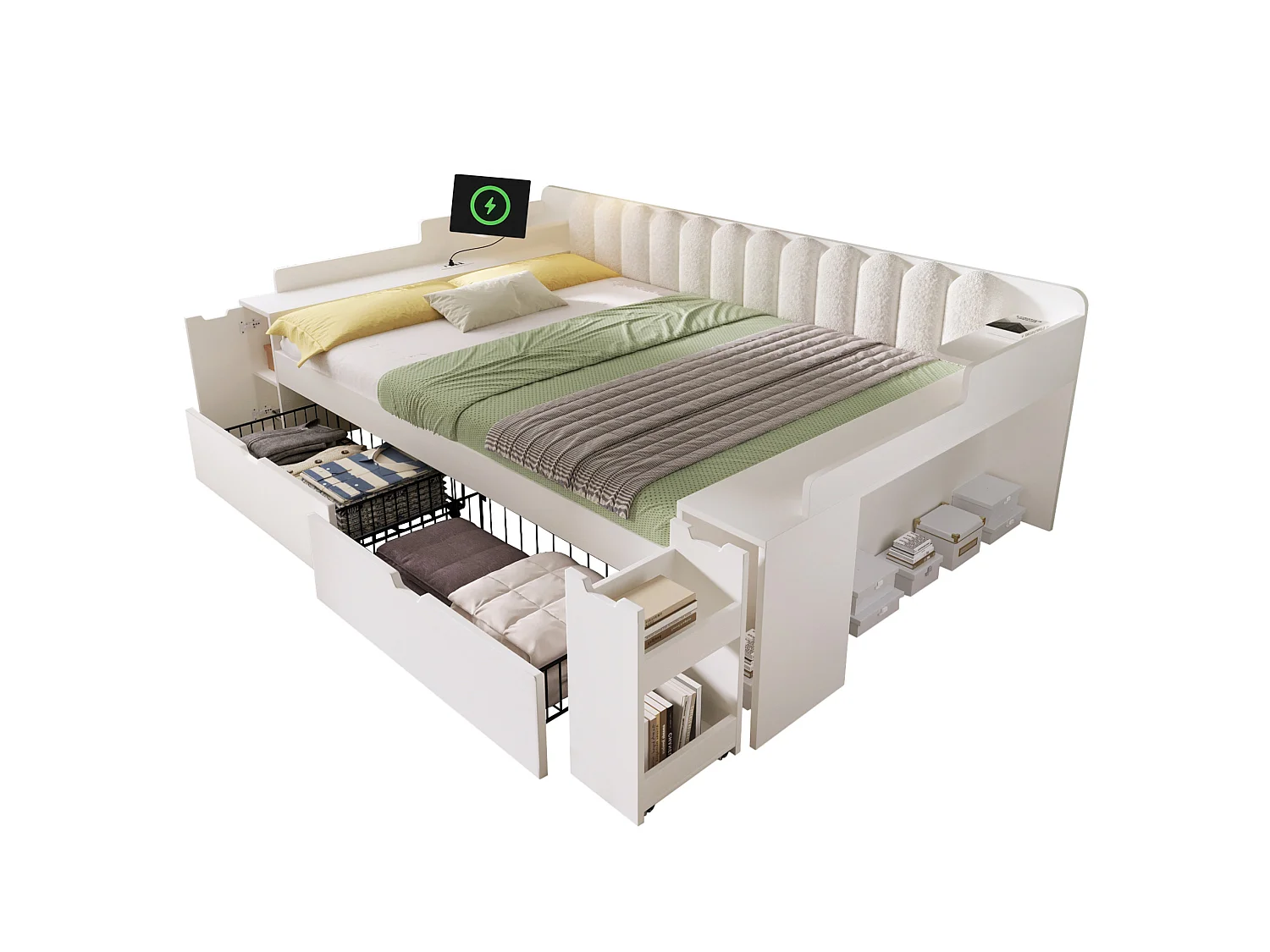 Lit banquette 140x190 cm avec 2 tiroirs, 2 compartiments de rangement et ports USB, blanc, sans matelas
