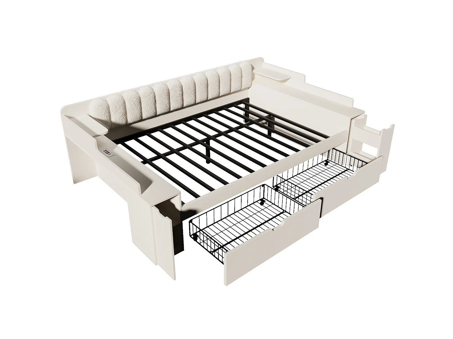 Lit banquette 140x190 cm avec 2 tiroirs, 2 compartiments de rangement et ports USB, blanc, sans matelas