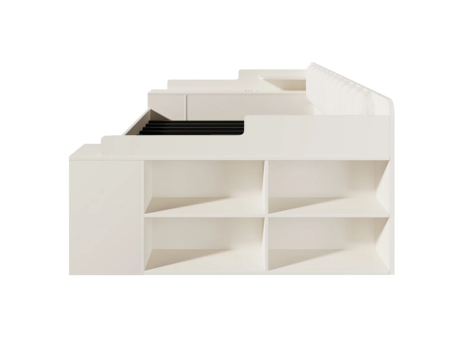 Lit banquette 140x190 cm avec 2 tiroirs, 2 compartiments de rangement et ports USB, blanc, sans matelas