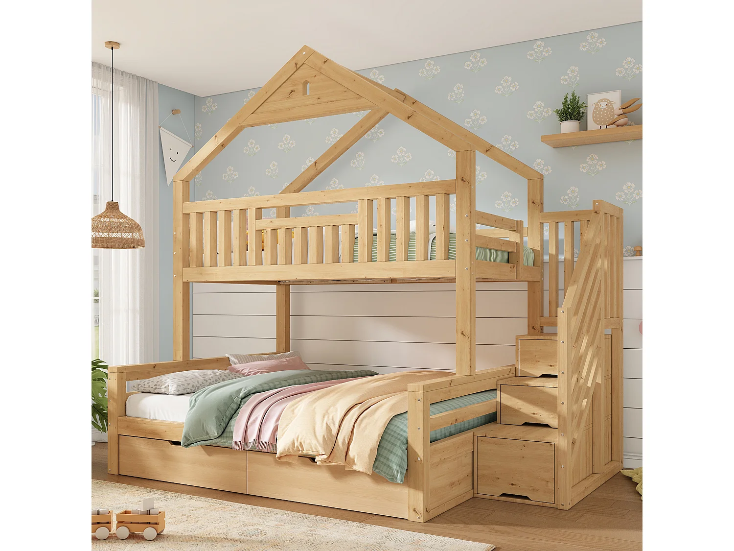 Lit superposé enfant 90x200/140x200 cm en bois naturel, forme maison avec escalier de rangement et sommiers à lattes, sans matelas