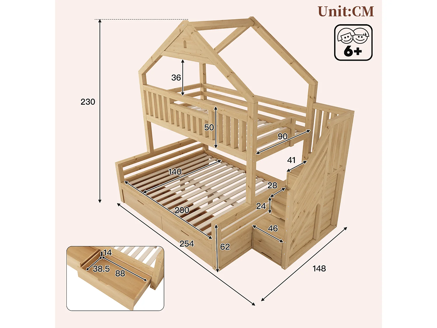 Lit superposé enfant 90x200/140x200 cm en bois naturel, forme maison avec escalier de rangement et sommiers à lattes, sans matelas