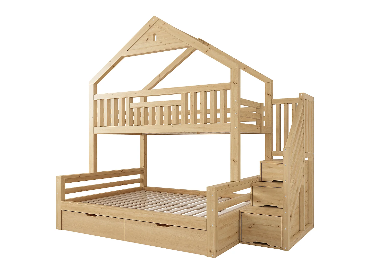Lit superposé enfant 90x200/140x200 cm en bois naturel, forme maison avec escalier de rangement et sommiers à lattes, sans matelas