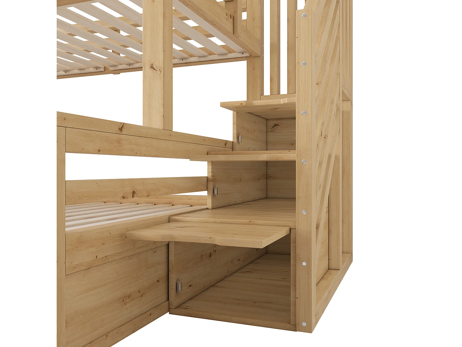 Lit superposé enfant 90x200/140x200 cm en bois naturel, forme maison avec escalier de rangement et sommiers à lattes, sans matelas