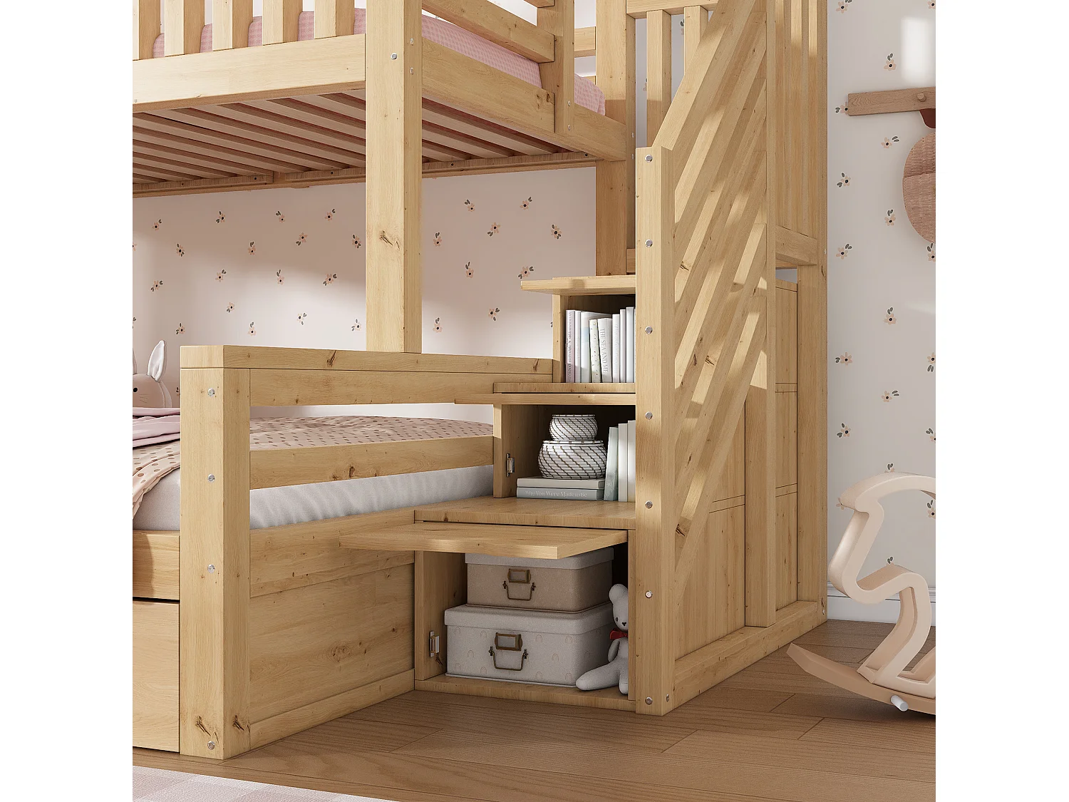 Lit superposé enfant 90x200/140x200 cm en bois naturel, forme maison avec escalier de rangement et sommiers à lattes, sans matelas